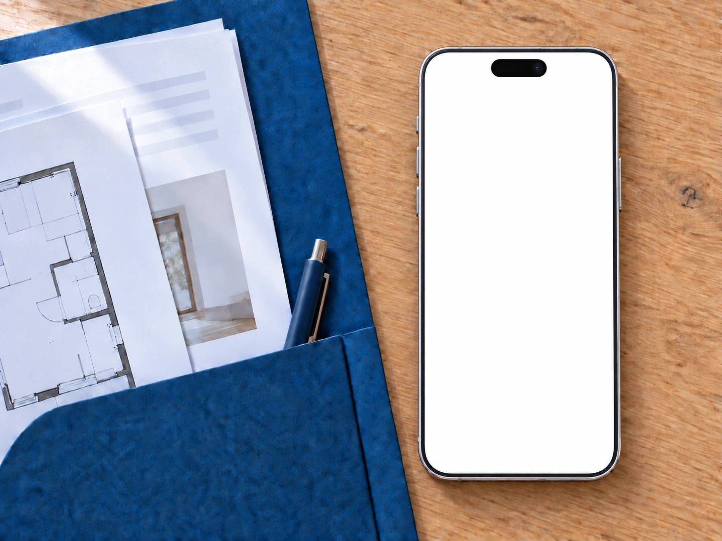 Weißes Smartphone neben einem blauen Ordner zeigt einen bestätigten Besichtigungstermin