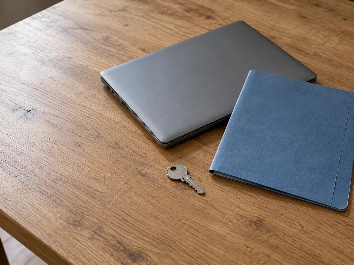 Laptop, Mappe und Hausschlüssel auf einem Holztisch