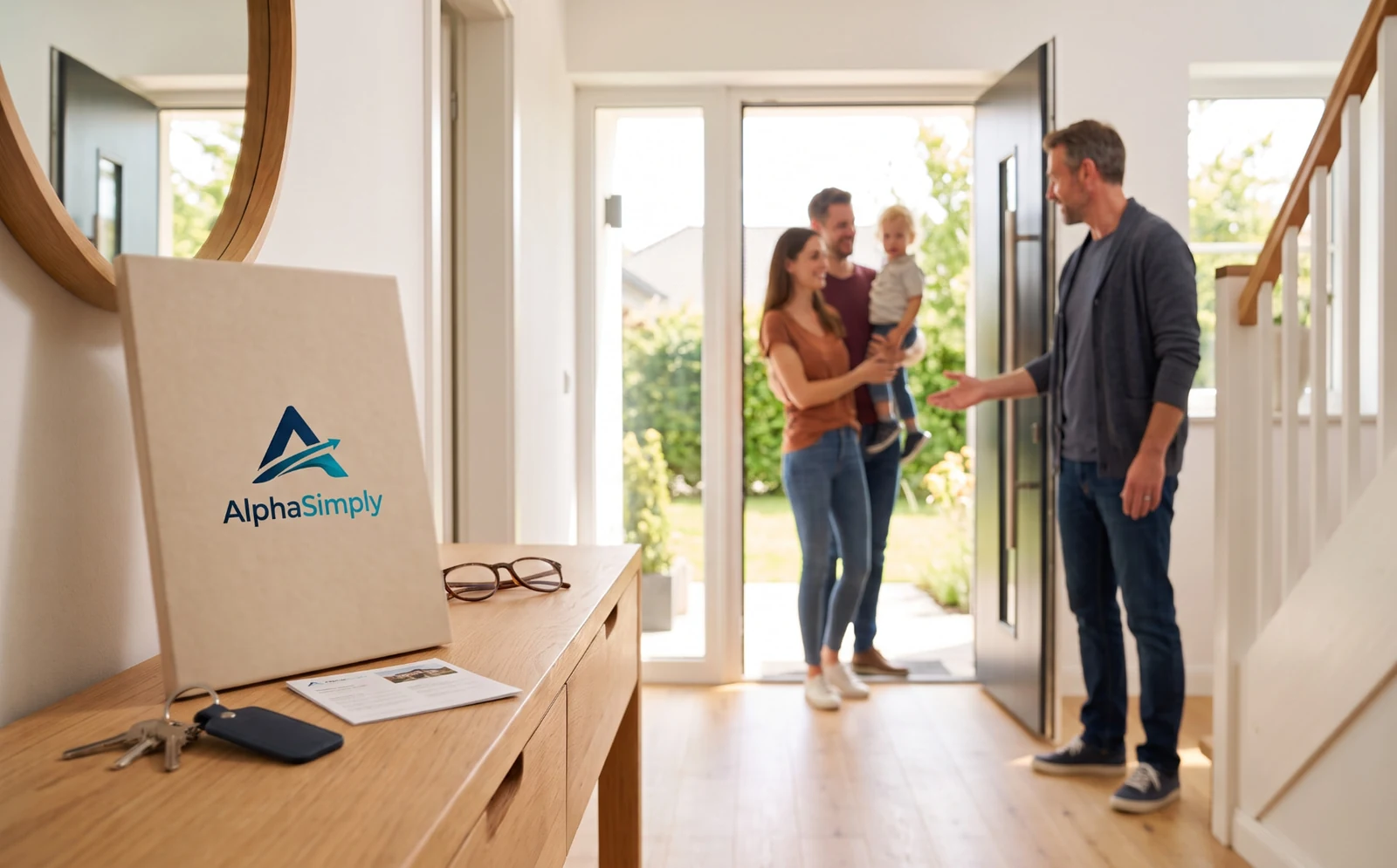 Eigentümer begrüßt eine Familie an der geöffneten Haustür; AlphaSimply-Mappe und Hausschlüssel auf der Kommode